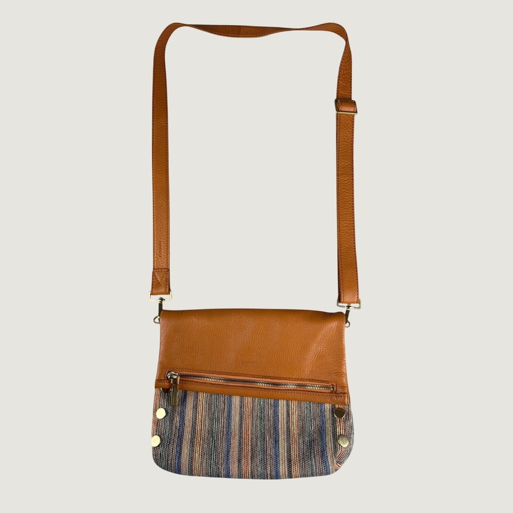 Hammitt VIP Medium Crossbody Bag Tan Leather Woven Stripe Gold Rivets